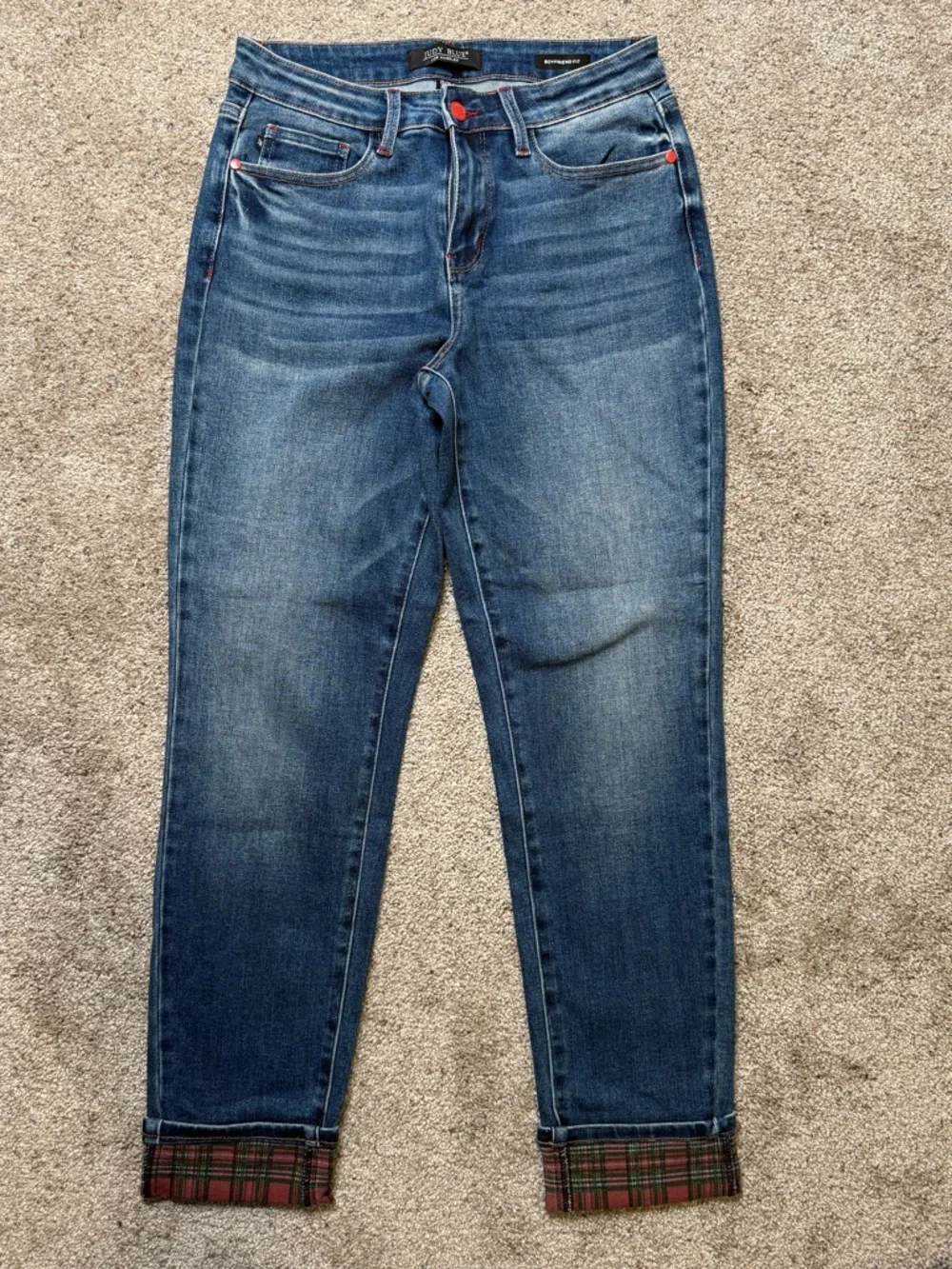 Judy Blue Blue Boyfriend Skinny Jeans with Plaid Cuff